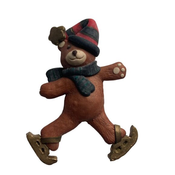 Vintage Teddy Bear Christmas Brooch Pins Lot of 2 Ice Skating Gibson Greetings - Picture 2 of 9